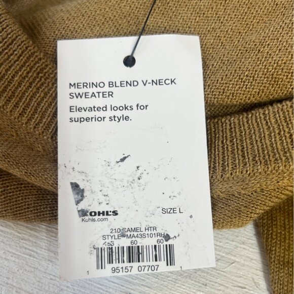 Apt 9 Merino Wool Blend VNeck Sweater Mens Large Camel New Warm Winter - Picture 9 of 9